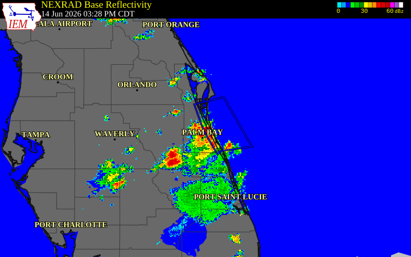 NEXRAD radar during the Sunday, June 14, 2026 storm activity in Brevard County, Florida