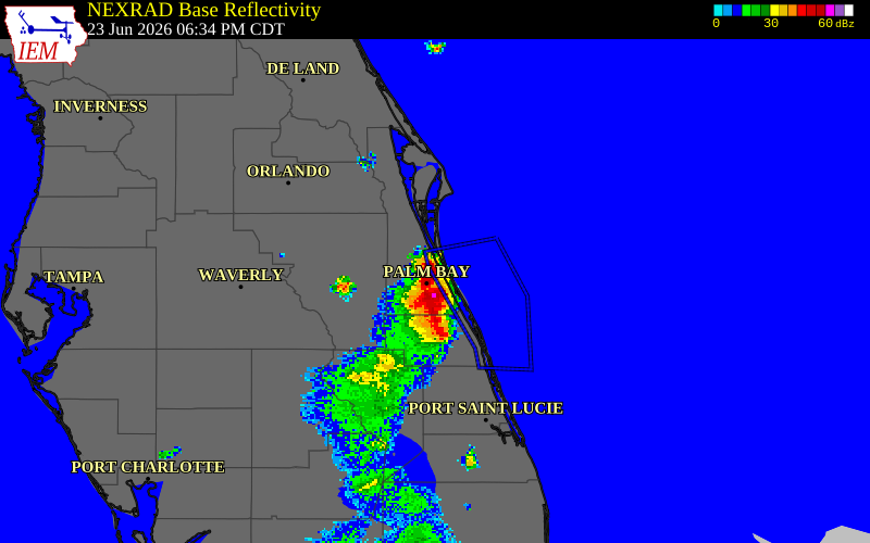NEXRAD radar during the Tuesday, June 23, 2026 storm activity in Brevard County, Florida
