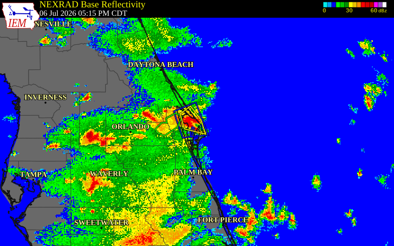 NEXRAD radar during the Monday, July 6, 2026 storm activity in Brevard County, Florida