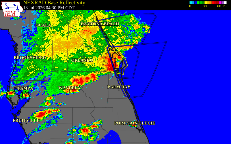 NEXRAD radar during the Monday, July 13, 2026 storm activity in Brevard County, Florida