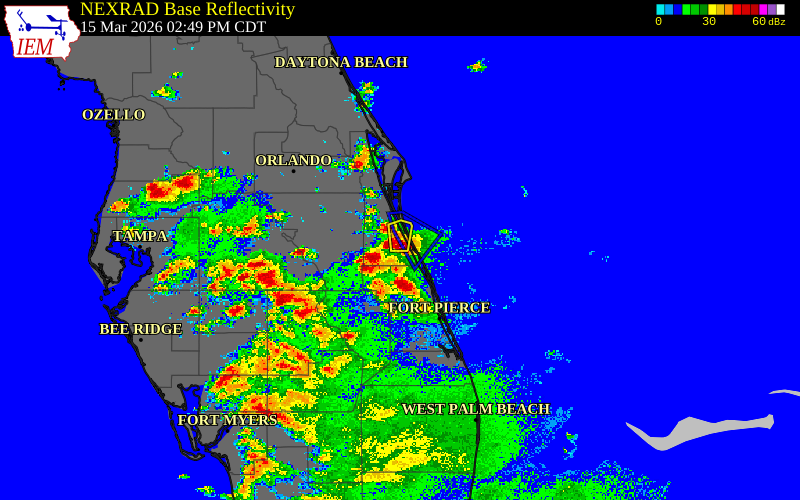 Radar snapshot during the May 10, 2026 wind event near 4 ESE Kennedy Space Cen, Brevard County, Florida, with NWS warning polygons