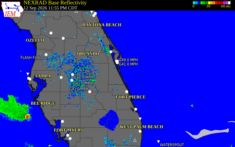 Current NEXRAD radar over Brevard County, Florida with recent storm report locations