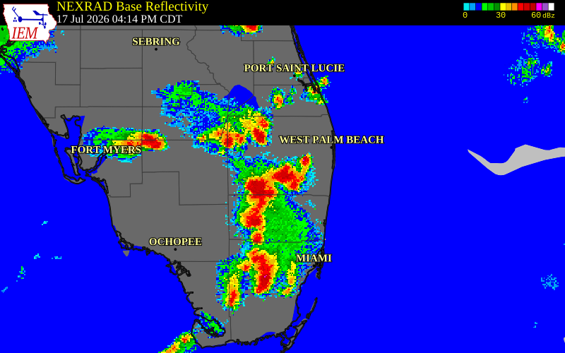 NEXRAD radar during the Friday, July 17, 2026 storm activity in Broward County, Florida