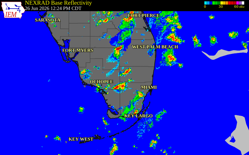 Radar snapshot during the Jun 26, 2026 tornado event near 8 SE Miccosukee Indian, Broward County, Florida, with NWS warning polygons