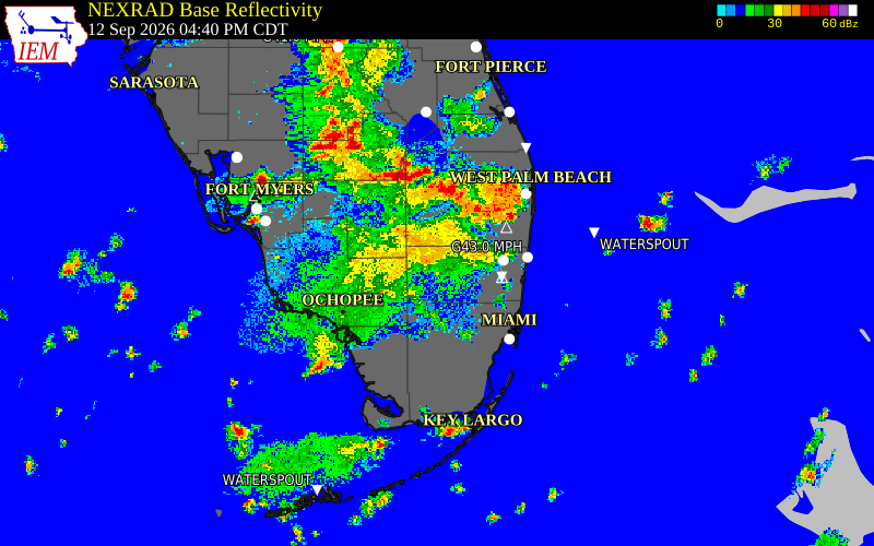 Current NEXRAD radar over Broward County, Florida with recent storm report locations
