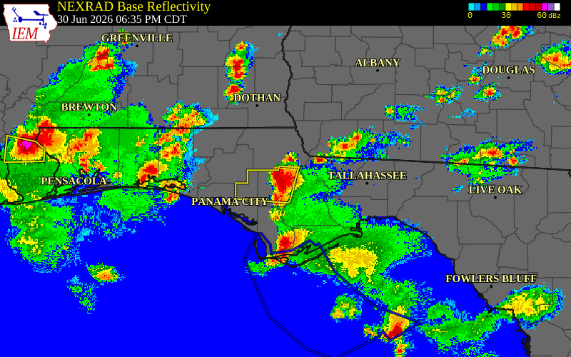 Radar snapshot during the Jun 30, 2026 wind event near Blountstown Airport, Calhoun County, Florida, with NWS warning polygons