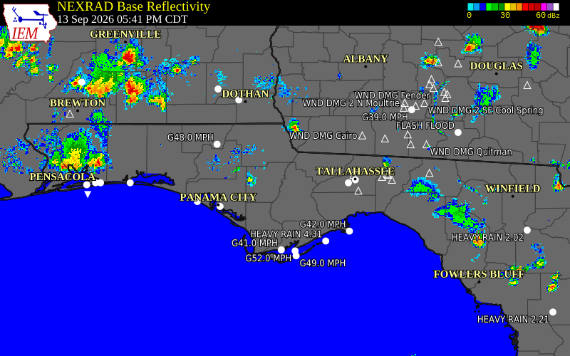 Current NEXRAD radar over Calhoun County, Florida with recent storm report locations
