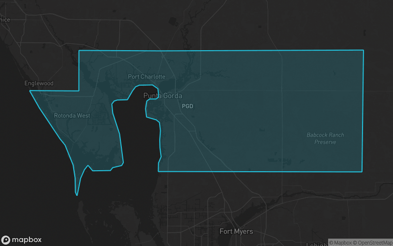 Map of Charlotte County, Florida showing the county boundary and surrounding cities