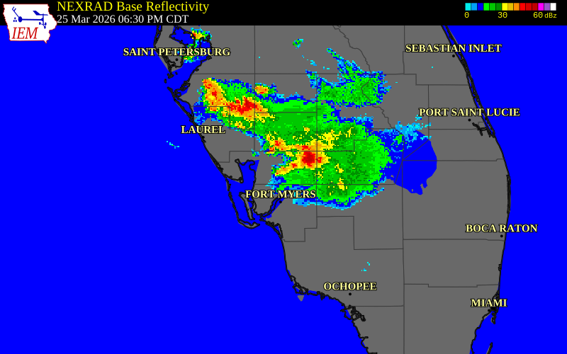 NEXRAD radar during the Wednesday, March 25, 2026 storm activity in Charlotte County, Florida