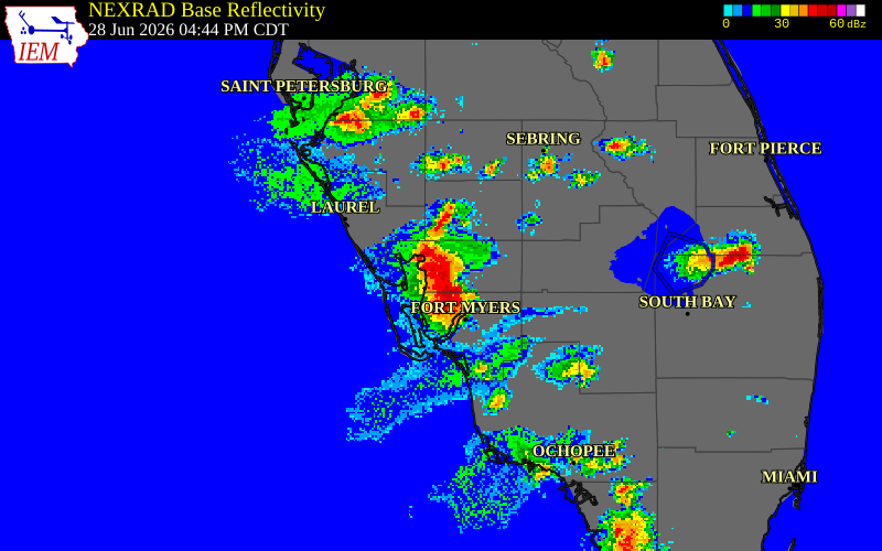 NEXRAD radar during the Sunday, June 28, 2026 storm activity in Charlotte County, Florida
