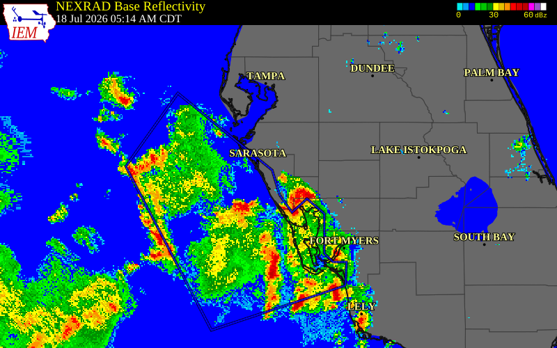 NEXRAD radar during the Saturday, July 18, 2026 storm activity in Charlotte County, Florida