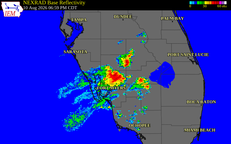 NEXRAD radar during the Monday, August 10, 2026 storm activity in Charlotte County, Florida