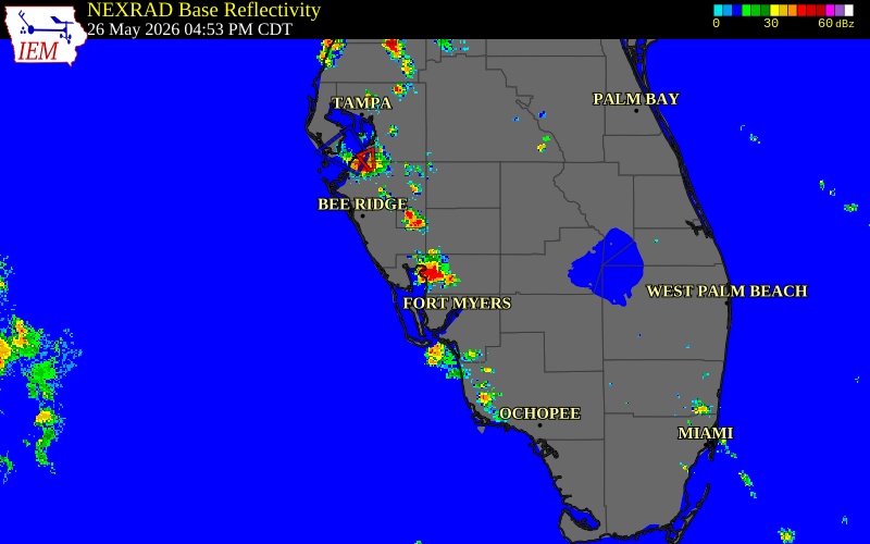 Radar snapshot during the May 26, 2026 wind event near 2 SE Solana, Charlotte County, Florida, with NWS warning polygons