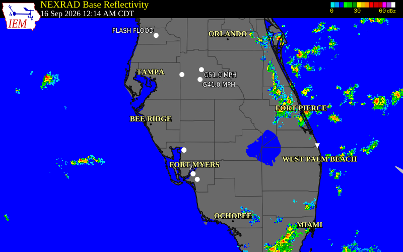 Current NEXRAD radar over Charlotte County, Florida with recent storm report locations