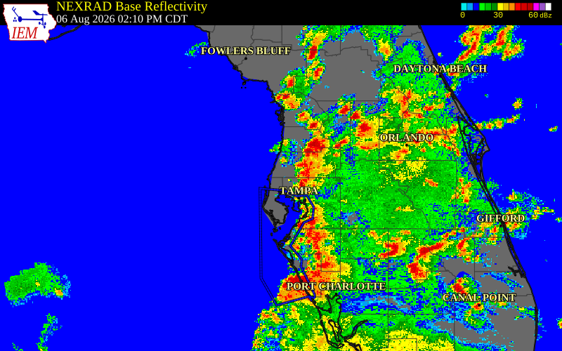 Radar snapshot during the Aug 6, 2026 wind event near Citrus County, Citrus County, Florida, with NWS warning polygons