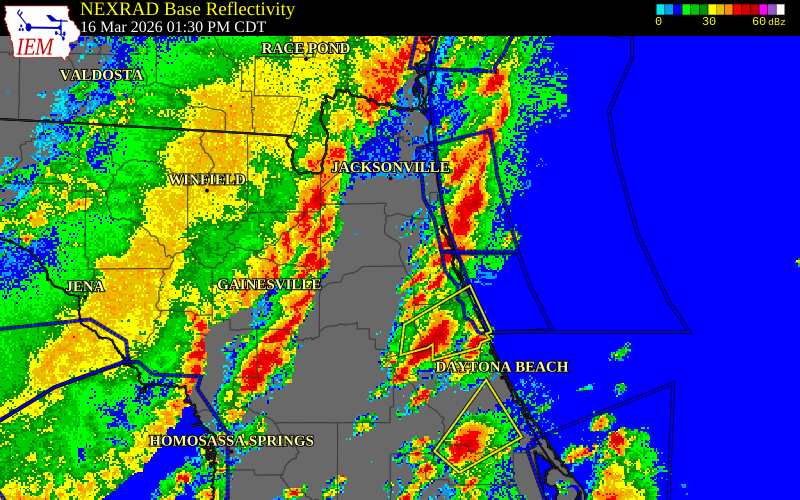 NEXRAD radar during the Monday, March 16, 2026 storm activity in Clay County, Florida