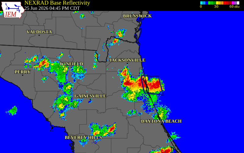 NEXRAD radar during the Thursday, June 25, 2026 storm activity in Clay County, Florida