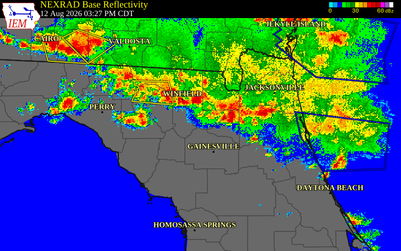NEXRAD radar during the Wednesday, August 12, 2026 storm activity in Clay County, Florida