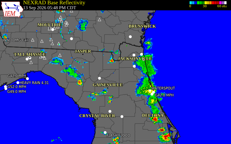 Current NEXRAD radar over Clay County, Florida with recent storm report locations