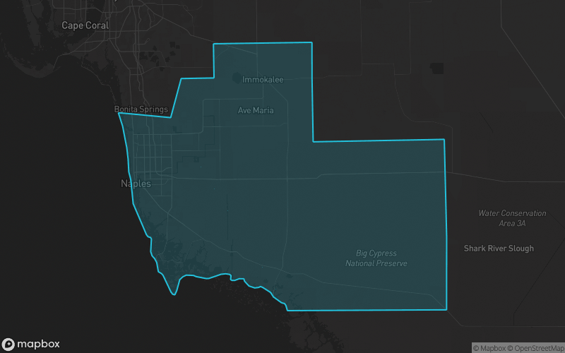Map of Collier County, Florida showing the county boundary and surrounding cities