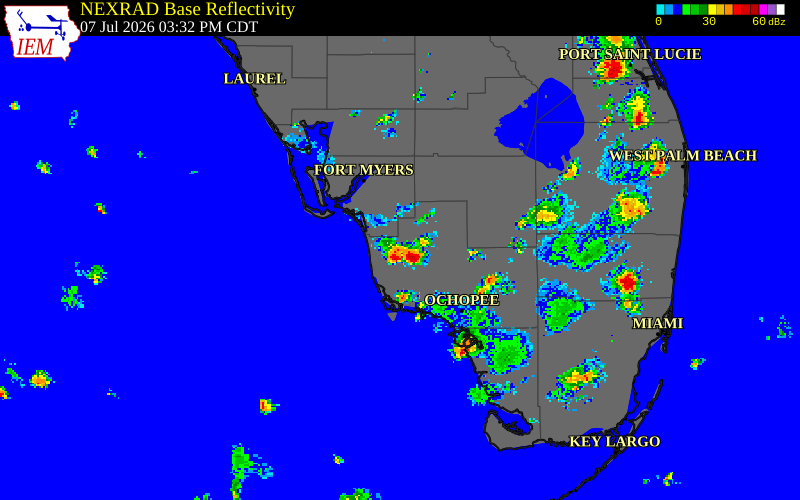 NEXRAD radar during the Tuesday, July 7, 2026 storm activity in Collier County, Florida