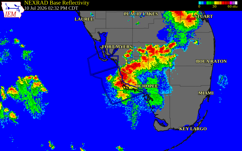 NEXRAD radar during the Friday, July 10, 2026 storm activity in Collier County, Florida