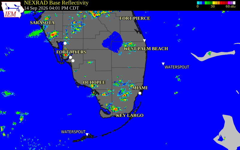 Current NEXRAD radar over Collier County, Florida with recent storm report locations