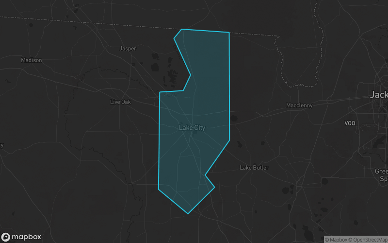 Map of Columbia County, Florida showing the county boundary and surrounding cities