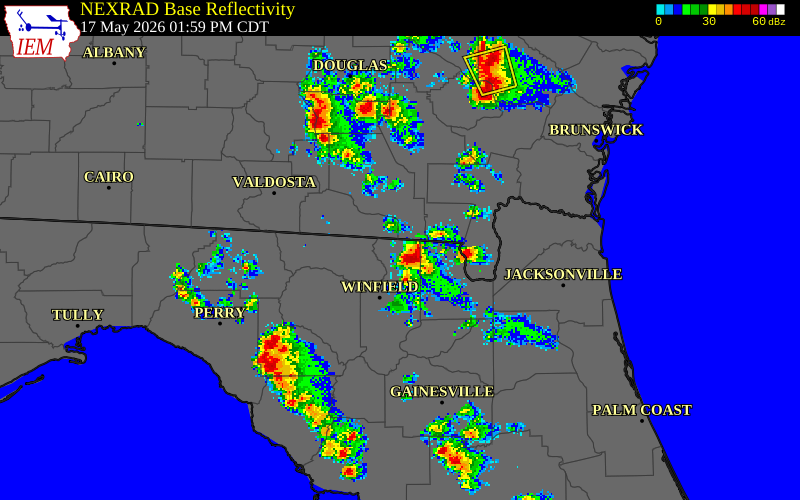 NEXRAD radar during the Sunday, May 17, 2026 storm activity in Columbia County, Florida