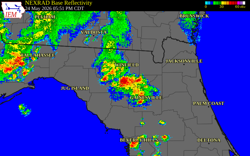 NEXRAD radar during the Sunday, May 24, 2026 storm activity in Columbia County, Florida
