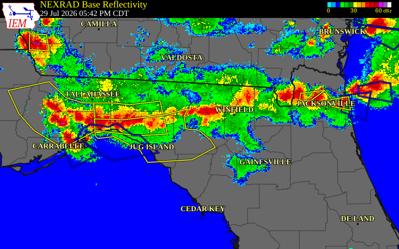 NEXRAD radar during the Wednesday, July 29, 2026 storm activity in Columbia County, Florida