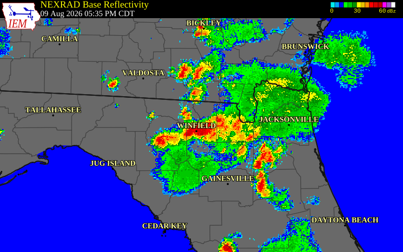 NEXRAD radar during the Sunday, August 9, 2026 storm activity in Columbia County, Florida