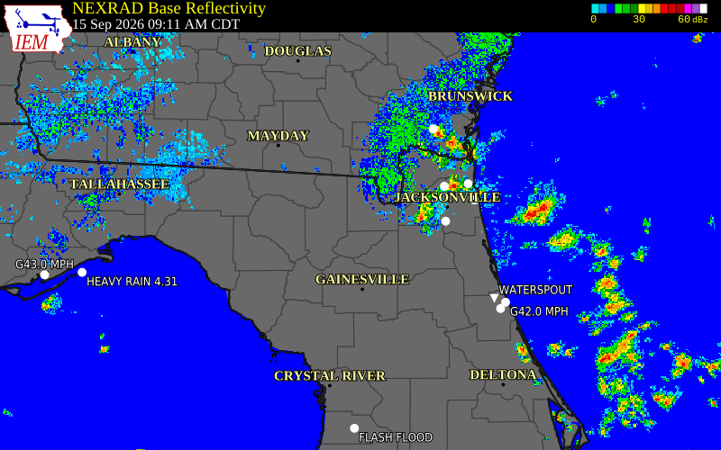 Current NEXRAD radar over Columbia County, Florida with recent storm report locations