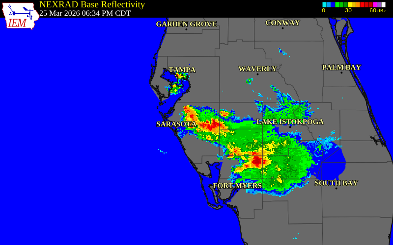 NEXRAD radar during the Wednesday, March 25, 2026 storm activity in DeSoto County, Florida
