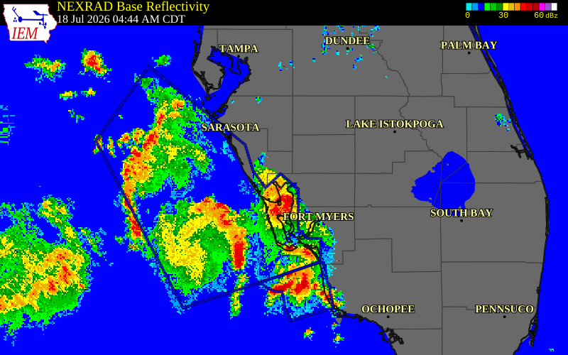 NEXRAD radar during the Saturday, July 18, 2026 storm activity in DeSoto County, Florida