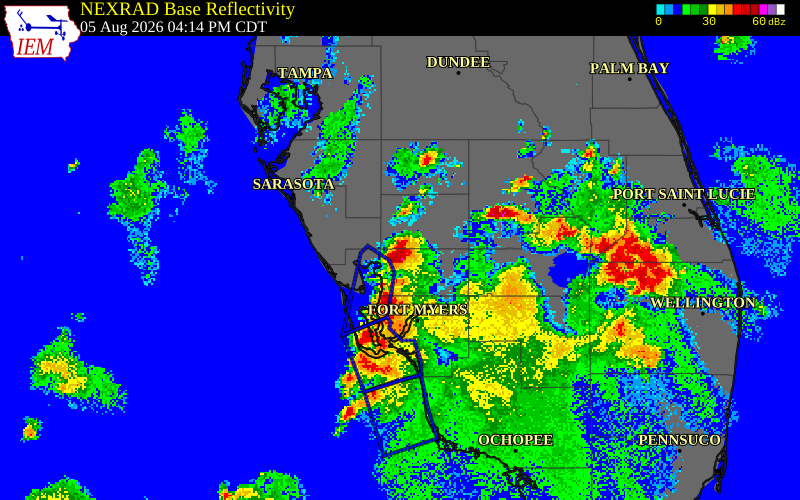 NEXRAD radar during the Wednesday, August 5, 2026 storm activity in DeSoto County, Florida
