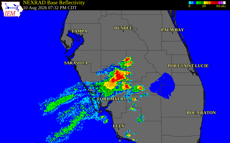 NEXRAD radar during the Monday, August 10, 2026 storm activity in DeSoto County, Florida