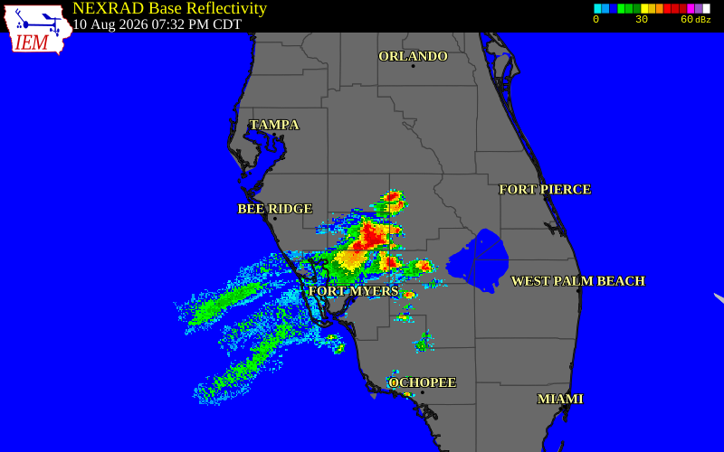Radar snapshot during the Aug 10, 2026 wind event near DeSoto County, DeSoto County, Florida, with NWS warning polygons