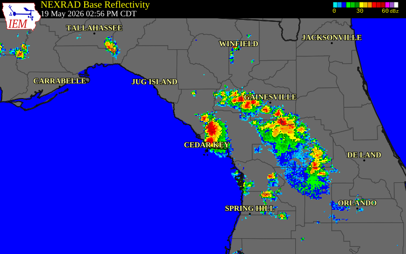 NEXRAD radar during the Tuesday, May 19, 2026 storm activity in Dixie County, Florida