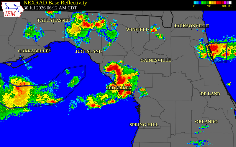 NEXRAD radar during the Thursday, July 30, 2026 storm activity in Dixie County, Florida