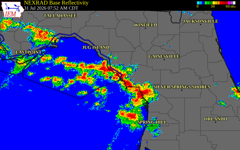 NEXRAD radar during the Friday, July 31, 2026 storm activity in Dixie County, Florida