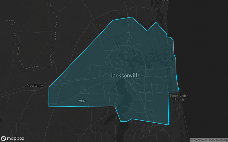 Map of Duval County, Florida showing the county boundary and surrounding cities