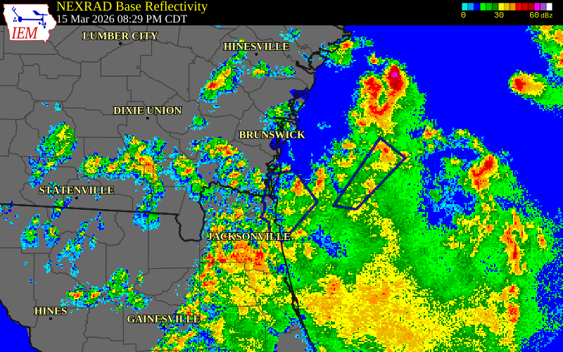 NEXRAD radar during the Sunday, March 15, 2026 storm activity in Duval County, Florida