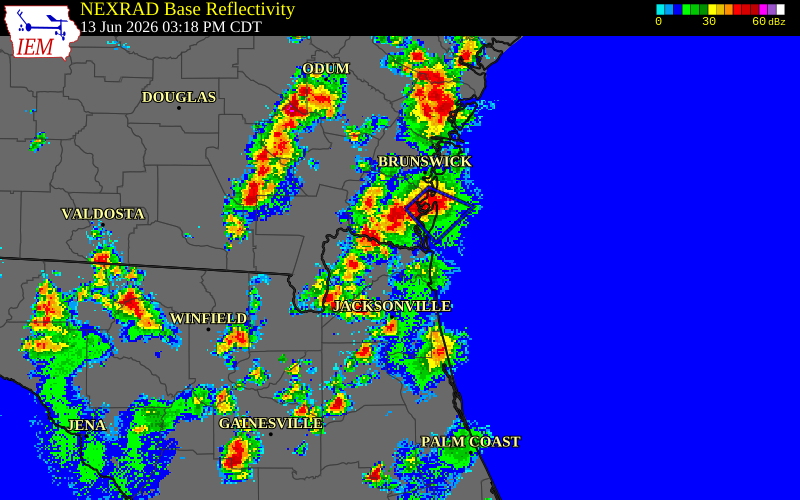 NEXRAD radar during the Saturday, June 13, 2026 storm activity in Duval County, Florida