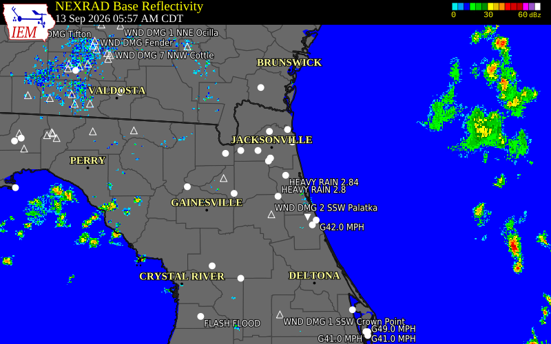 Current NEXRAD radar over Duval County, Florida with recent storm report locations