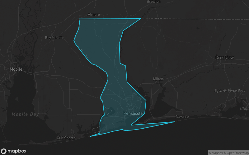 Map of Escambia County, Florida showing the county boundary and surrounding cities