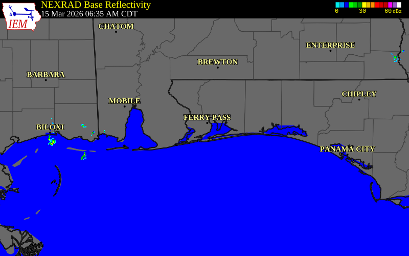 NEXRAD radar during the Sunday, March 15, 2026 storm activity in Escambia County, Florida