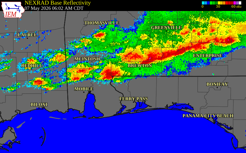 NEXRAD radar during the Thursday, May 7, 2026 storm activity in Escambia County, Florida