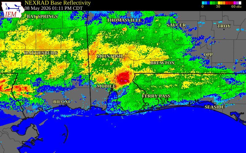 NEXRAD radar during the Friday, May 8, 2026 storm activity in Escambia County, Florida