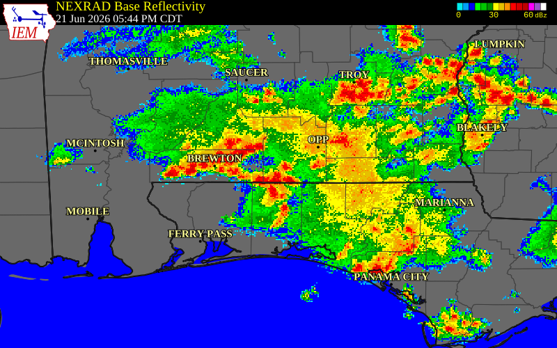 NEXRAD radar during the Sunday, June 21, 2026 storm activity in Escambia County, Florida